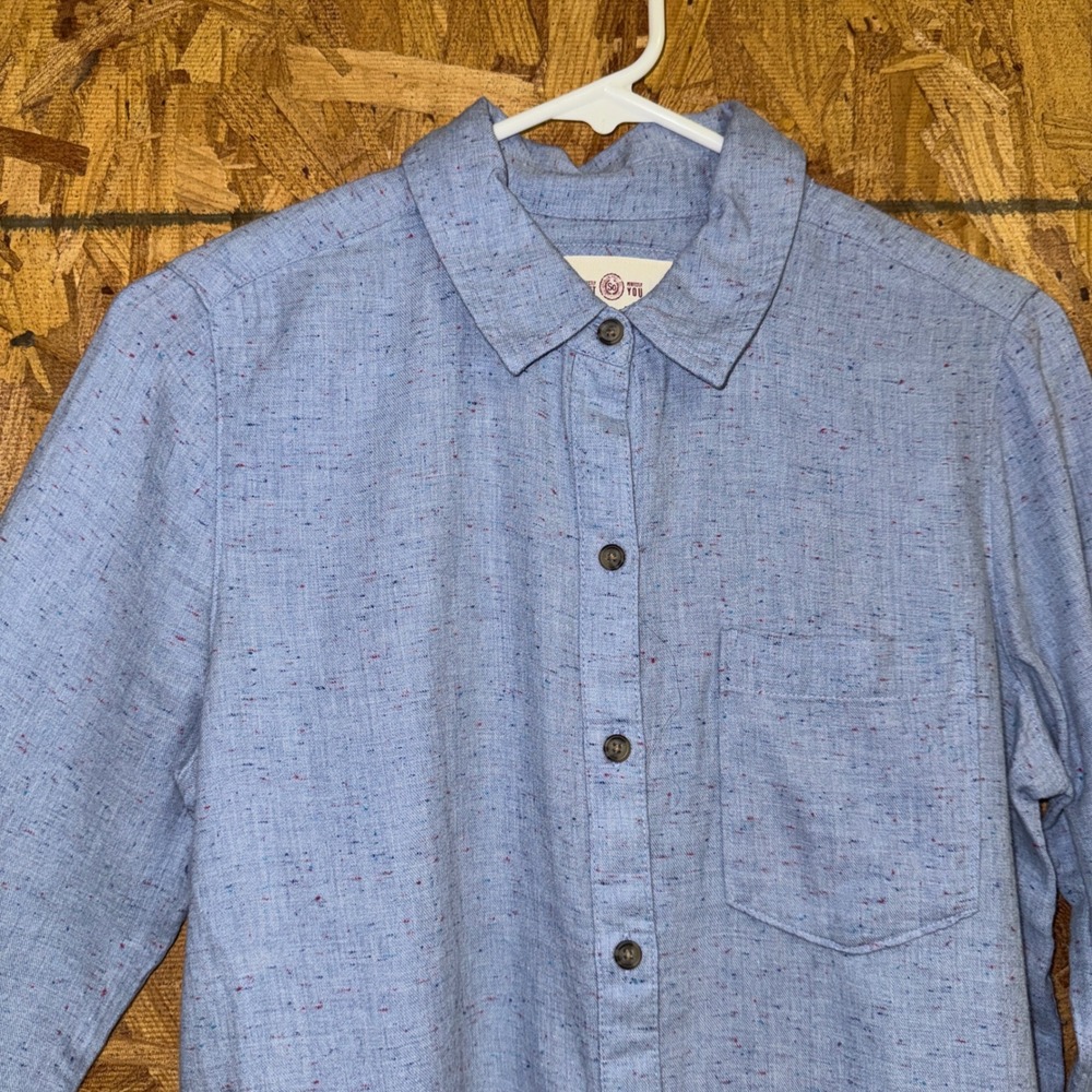 Blue Chambray Cotton Denim Button Shirt with Pops of Rainbow Color Long Sleeve S